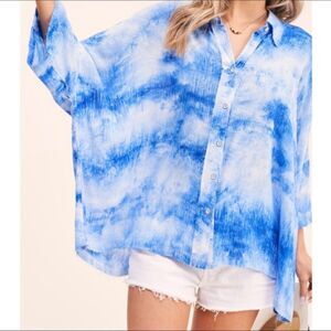 Ocean Blue Oversized Button Down Tie Dye Raw Edge Shirt